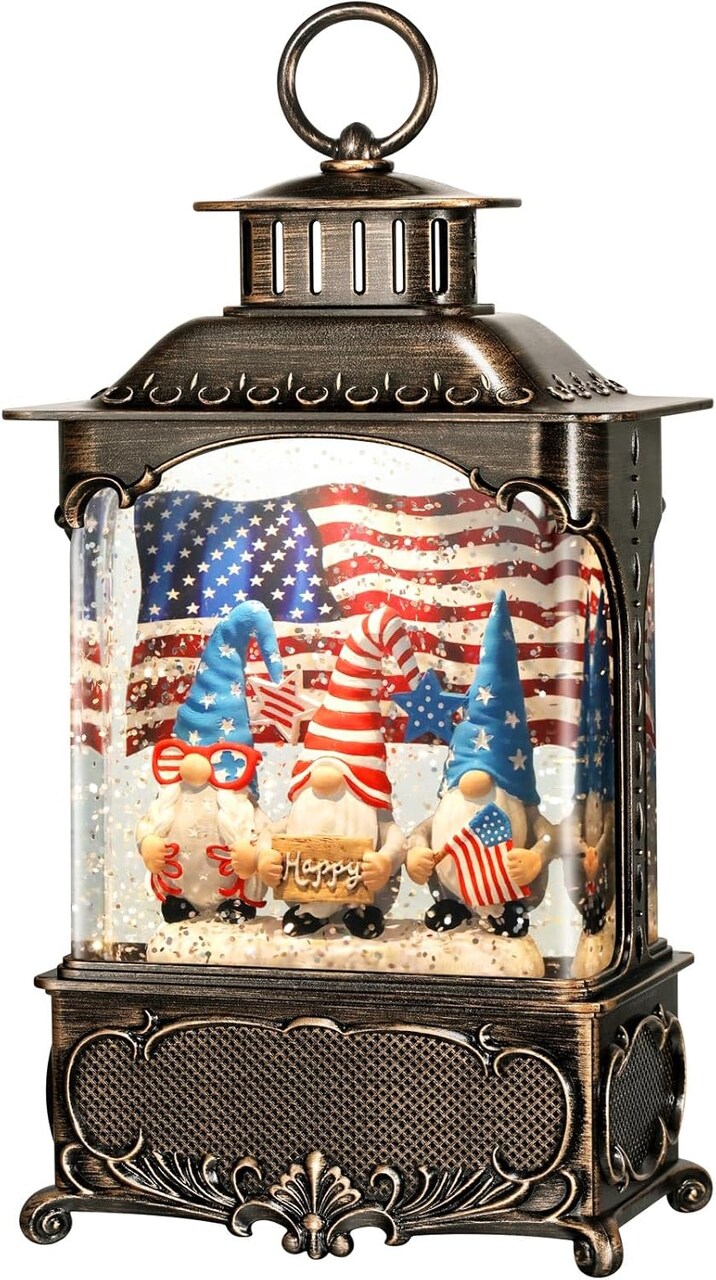 Gnome Snow Globe Lantern 4th of July Decorations with Timer, USB and Battery Powered